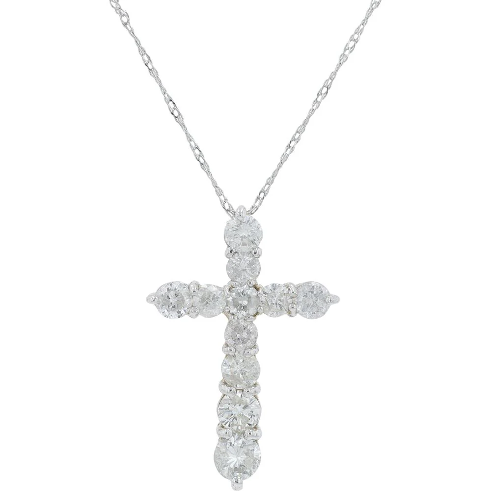 18K White Gold 1.00 Carat Total Diamond Cross Pendant Necklace - Round Brilliant Prong Set