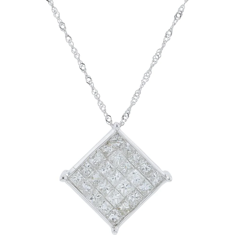 18K White Gold 1.00 Carat Total Diamond Square Pendant Necklace - Princess Cut Diamonds
