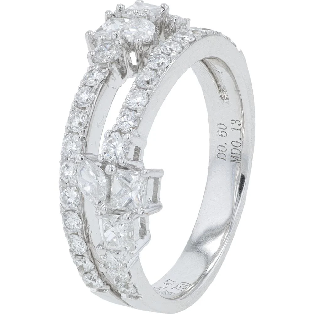 18K White Gold 1.20 Carat Diamond Ring with Pavé and Cluster Set Square and Marquise Diamonds