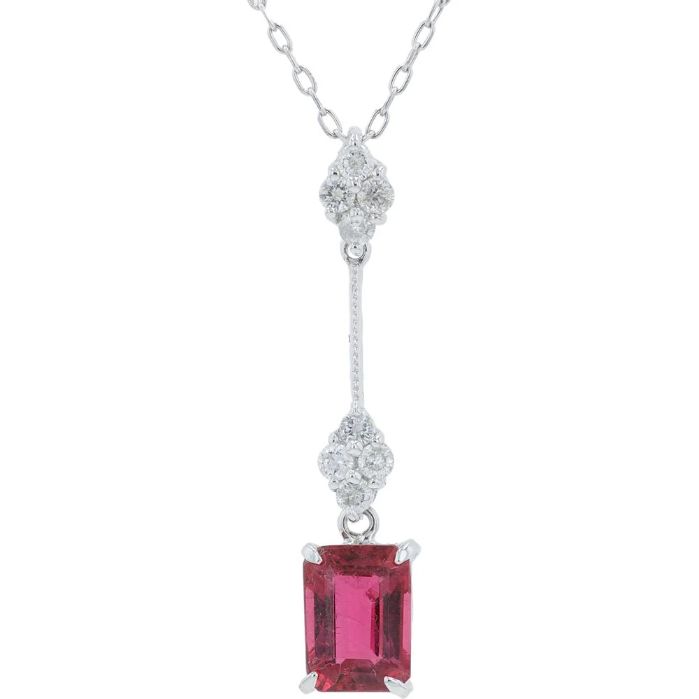 18K White Gold 1.39 Carat Emerald Cut Pink Tourmaline Pendant with 0.25 Carats Diamond Accents