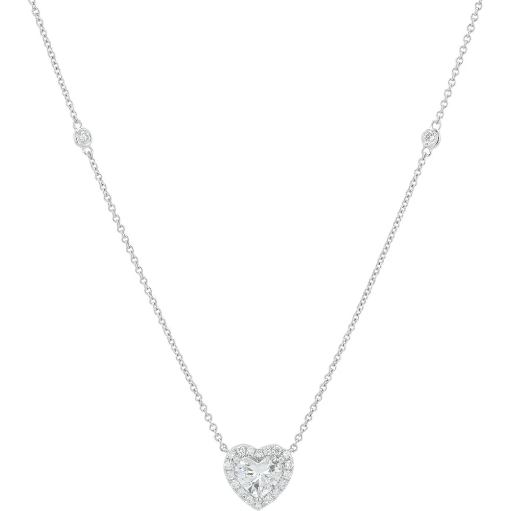 18K White Gold 1.48 Carat Diamond Heart Necklace with Halo - Set Diamonds - 1.07 Carat Total Diamond Weight