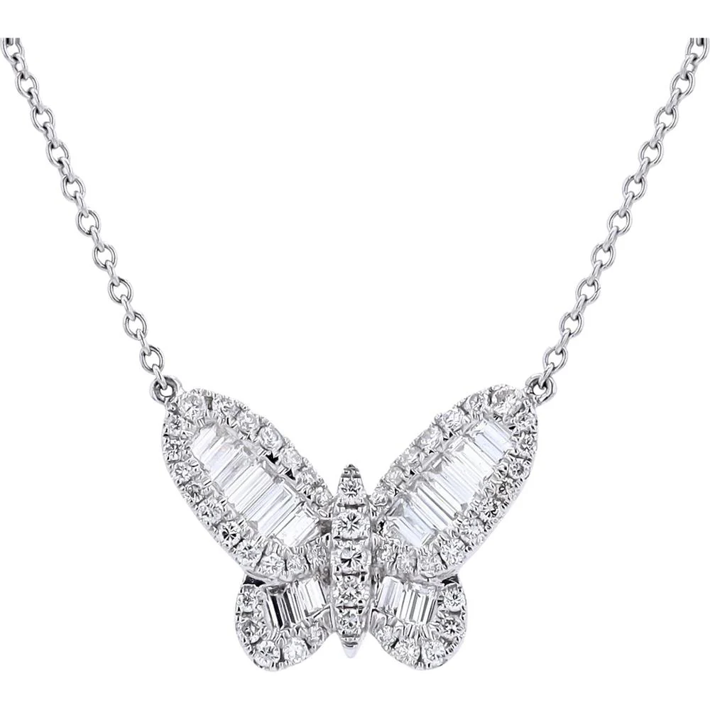 18K White Gold 1.50 Carat Total Weight Diamond Butterfly Necklace - Baguette and Round Diamonds