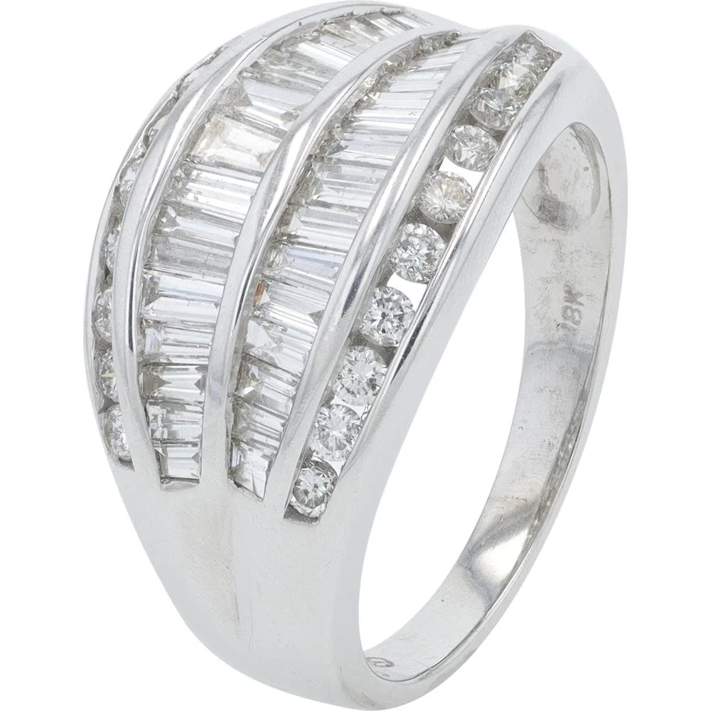 18K White Gold 1.50 Carat Total Weight Diamond Ring with Baguette and Round Diamonds