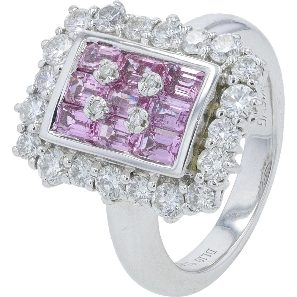18K White Gold 1.65 Carat Rectangular Pink Sapphire Ring with 1.10 Carat Diamond Accents