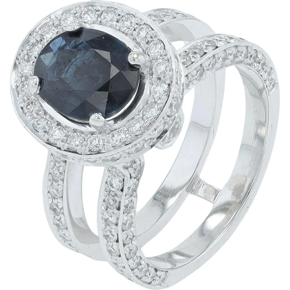 18K White Gold 1.68 Carat Sapphire Halo Ring with 1.50 Carats of Pavé Diamonds
