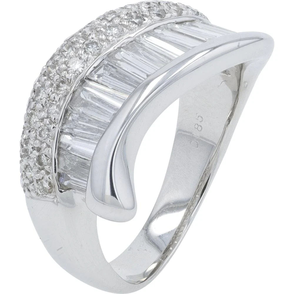 18K White Gold 1.85 Carat Diamond Band with Baguette and Round Diamonds - Sculptural Modern Design