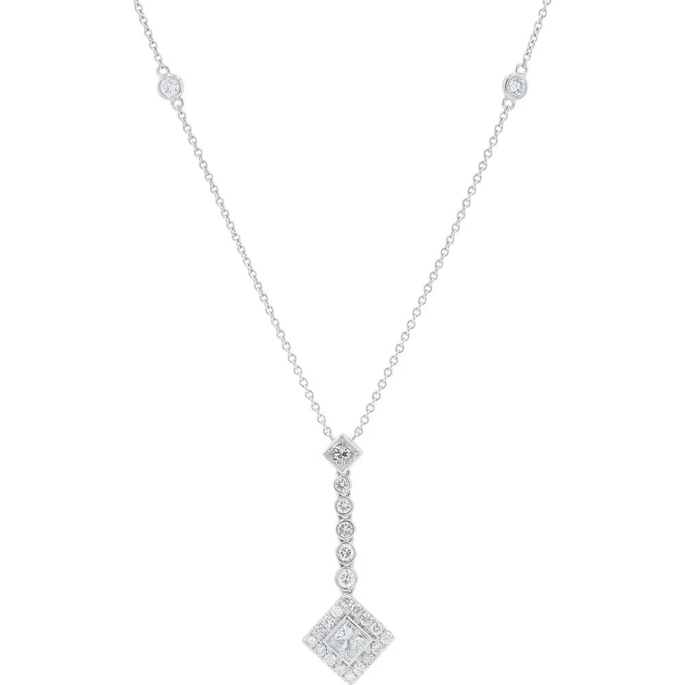 18K White Gold 1.85 Carat Princess Cut Diamond Pendant Necklace with Diamond Halo - 0.84 Carat Center Diamond