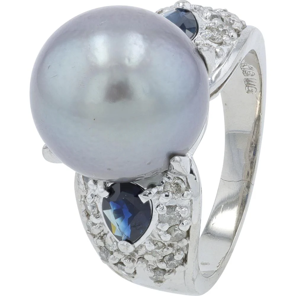 18K White Gold 12.8mm Tahitian Pearl Ring with Heart - Shaped Sapphire Accents and 0.40 Carat Total Diamond Weight