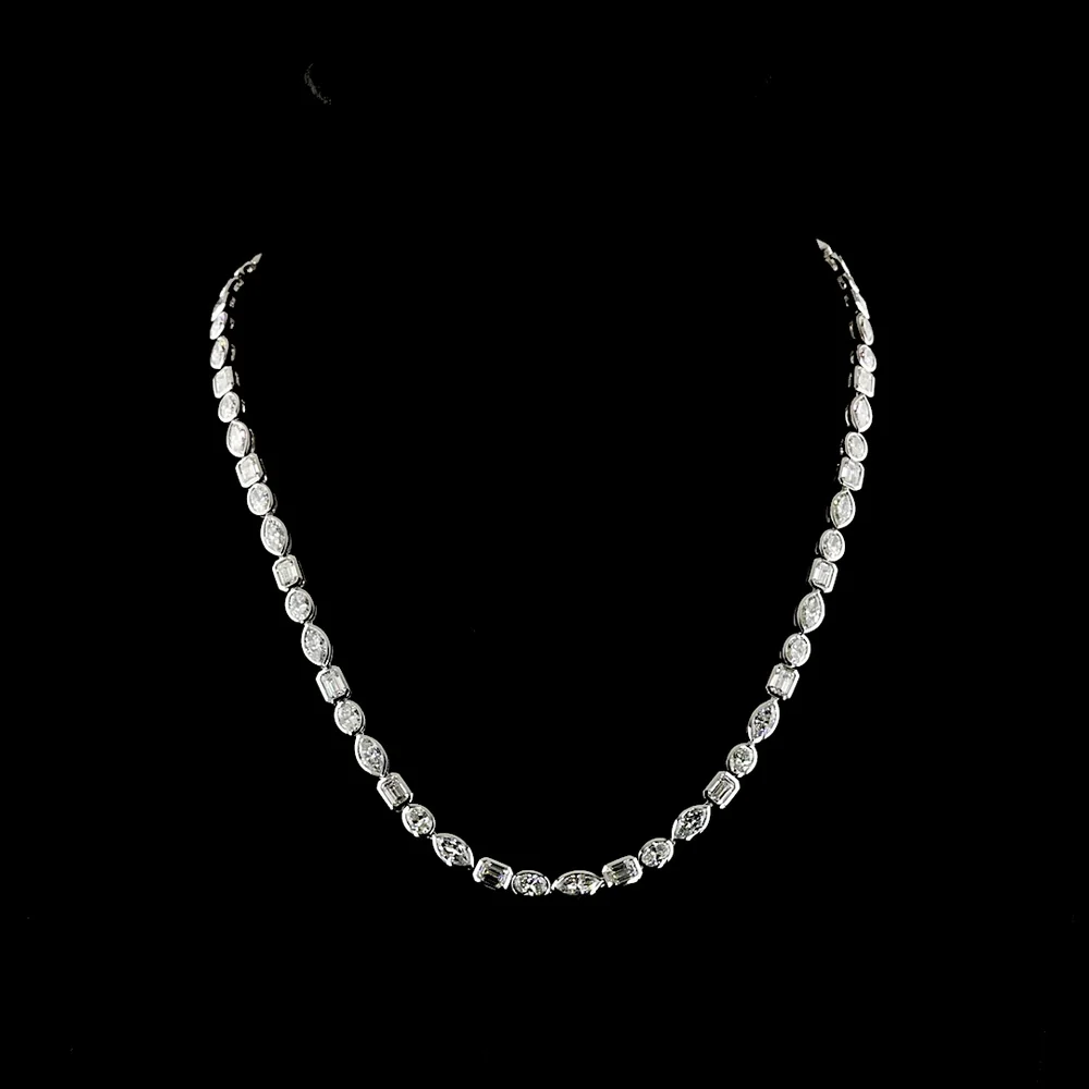 18K White Gold 17.58 Carat Tennis Necklace with Bezel-Set Marquise, Emerald & Oval Lab Diamonds in East-West Orientation - Covaloro Fine Jewelry