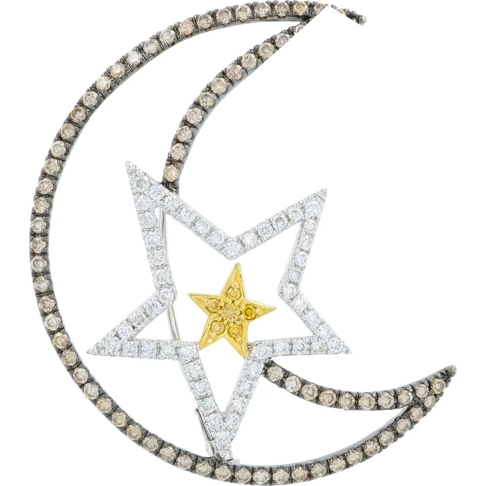 18K White Gold 2.00 Carat Diamond Moon and Star Brooch with Yellow Diamond Accents