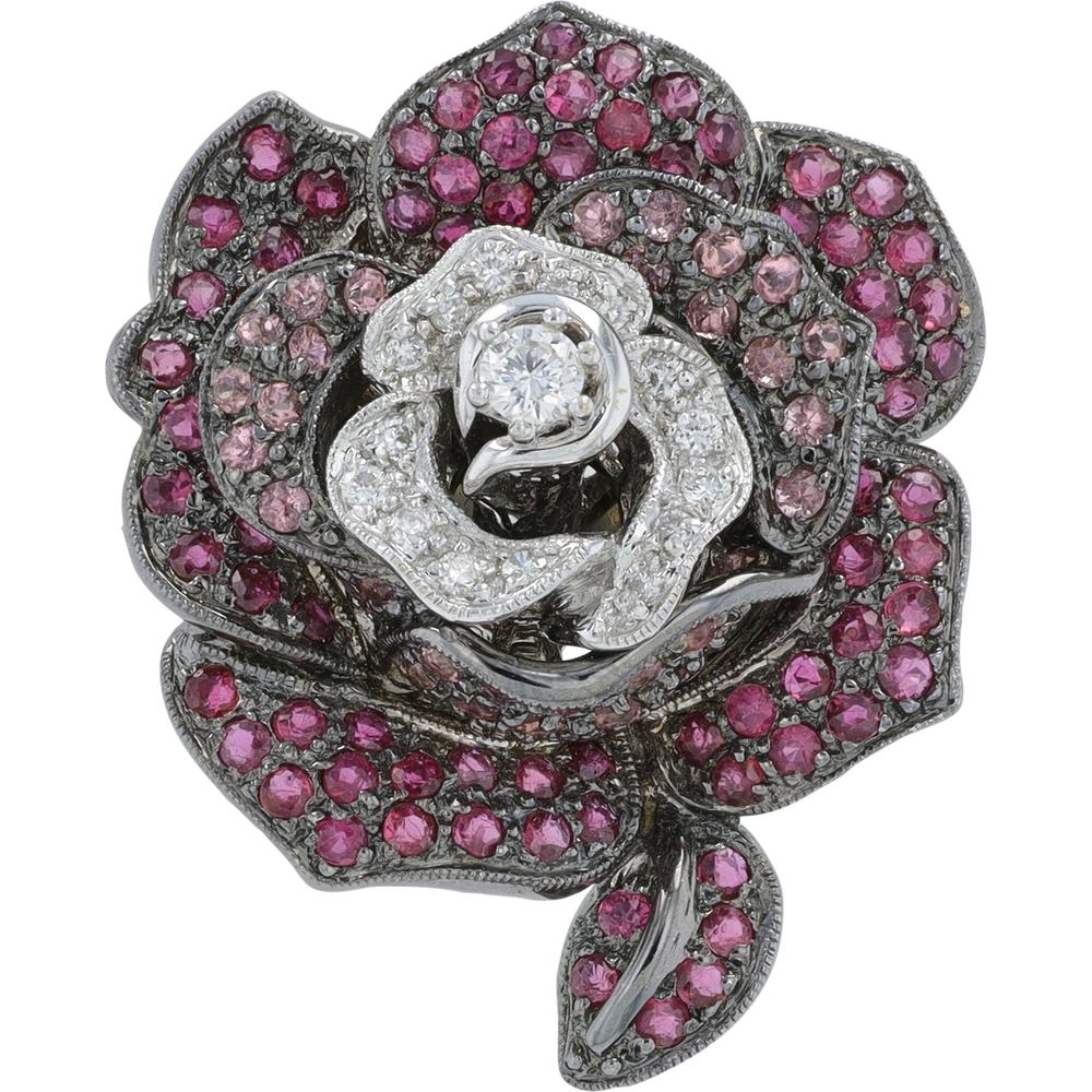 18K White Gold 2.03 Carat Ruby Rose Brooch with 0.29 Carat Diamond Accents