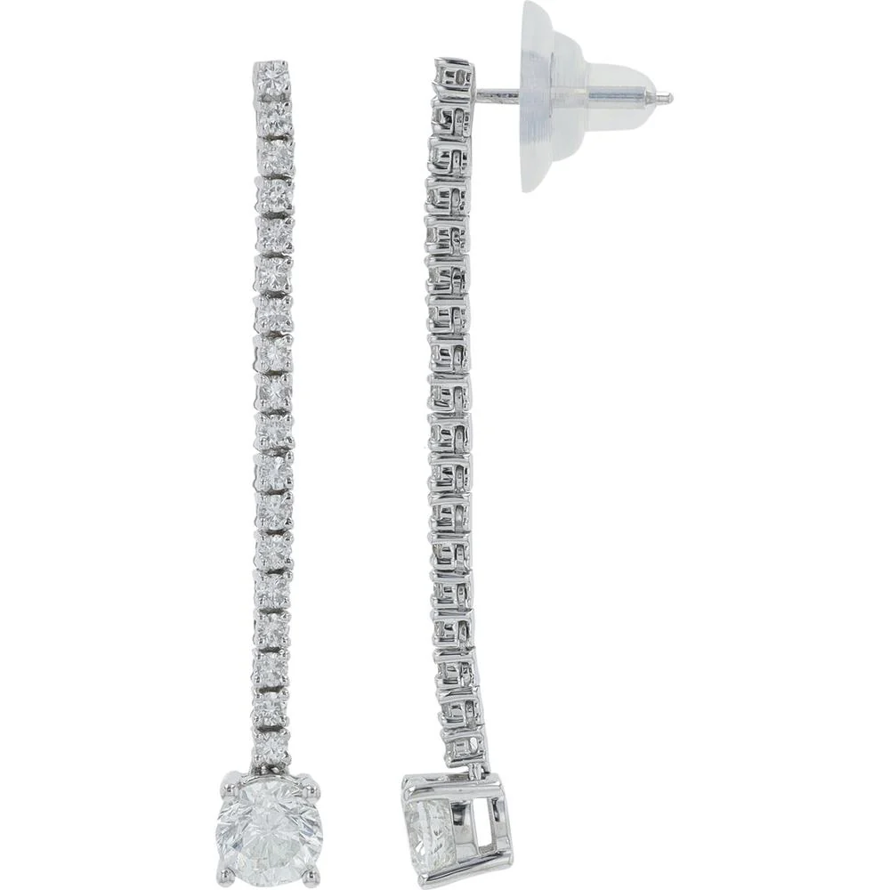 18K White Gold 2.04 Carat Total Diamond Drop Earrings - Prong Set Round Diamonds - Image 2