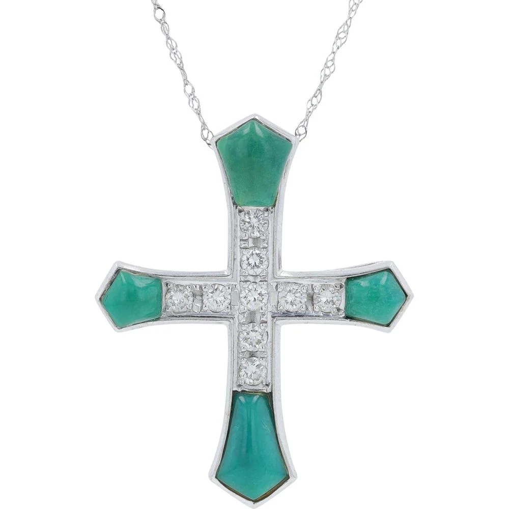 18K White Gold 2.13 Carat Jade Cross Pendant with 0.38 Carat Diamond Accents