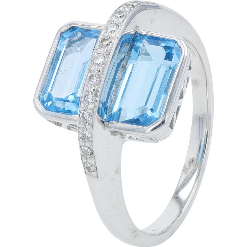 18K White Gold 2.47 Carat Emerald Cut Blue Topaz Ring with Diamond Accents