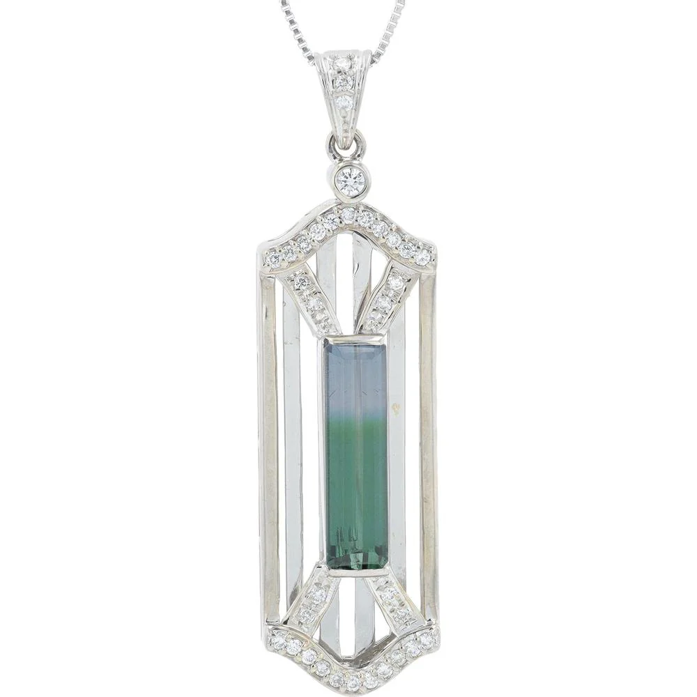 18K White Gold 2.94 Carat Baguette Tourmaline Pendant with 0.28 Carat Diamond Accents