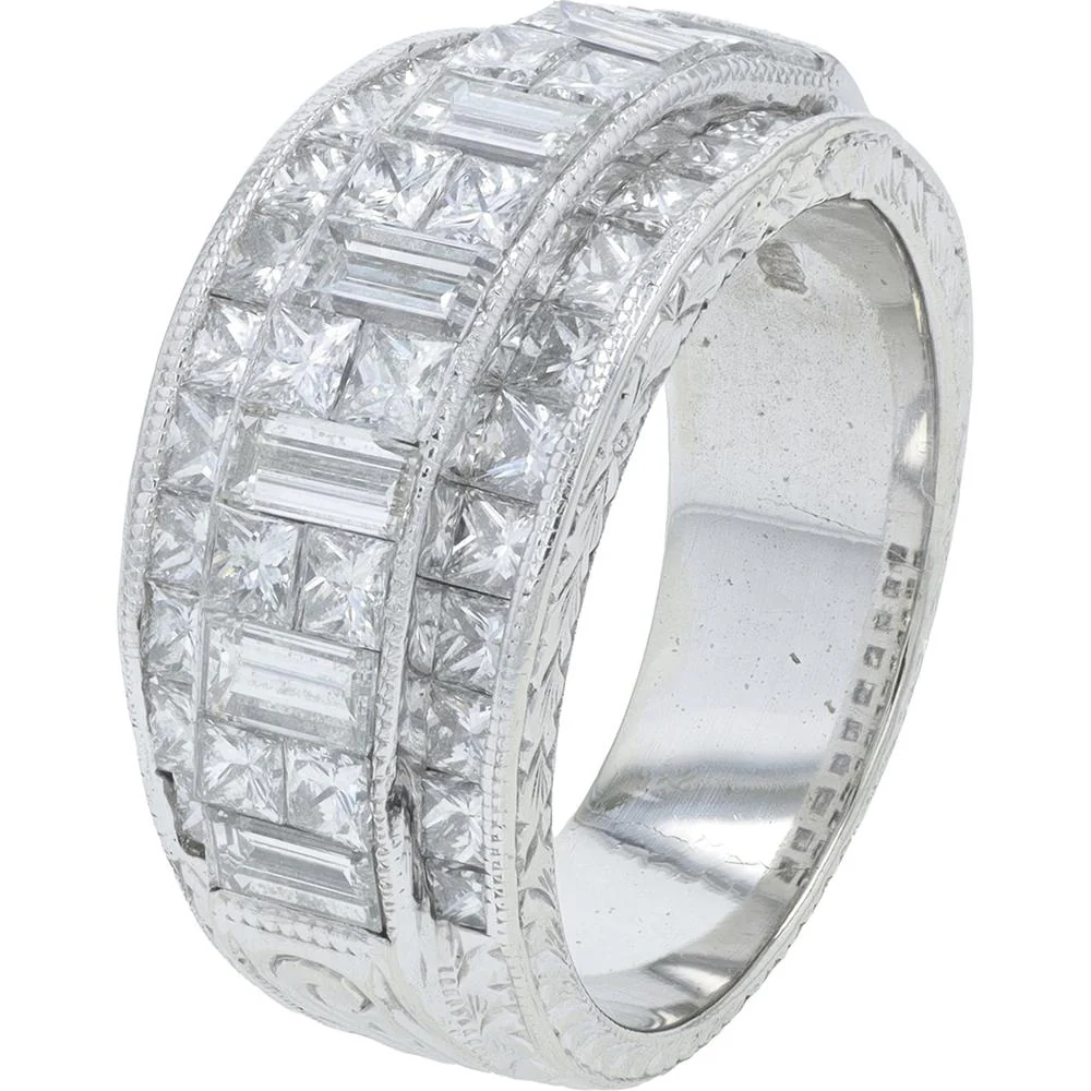 18K White Gold 3 Carat Diamond Wide Band with Princess and Baguette Cut Diamonds - 3.00 Carat Total Diamond Weight