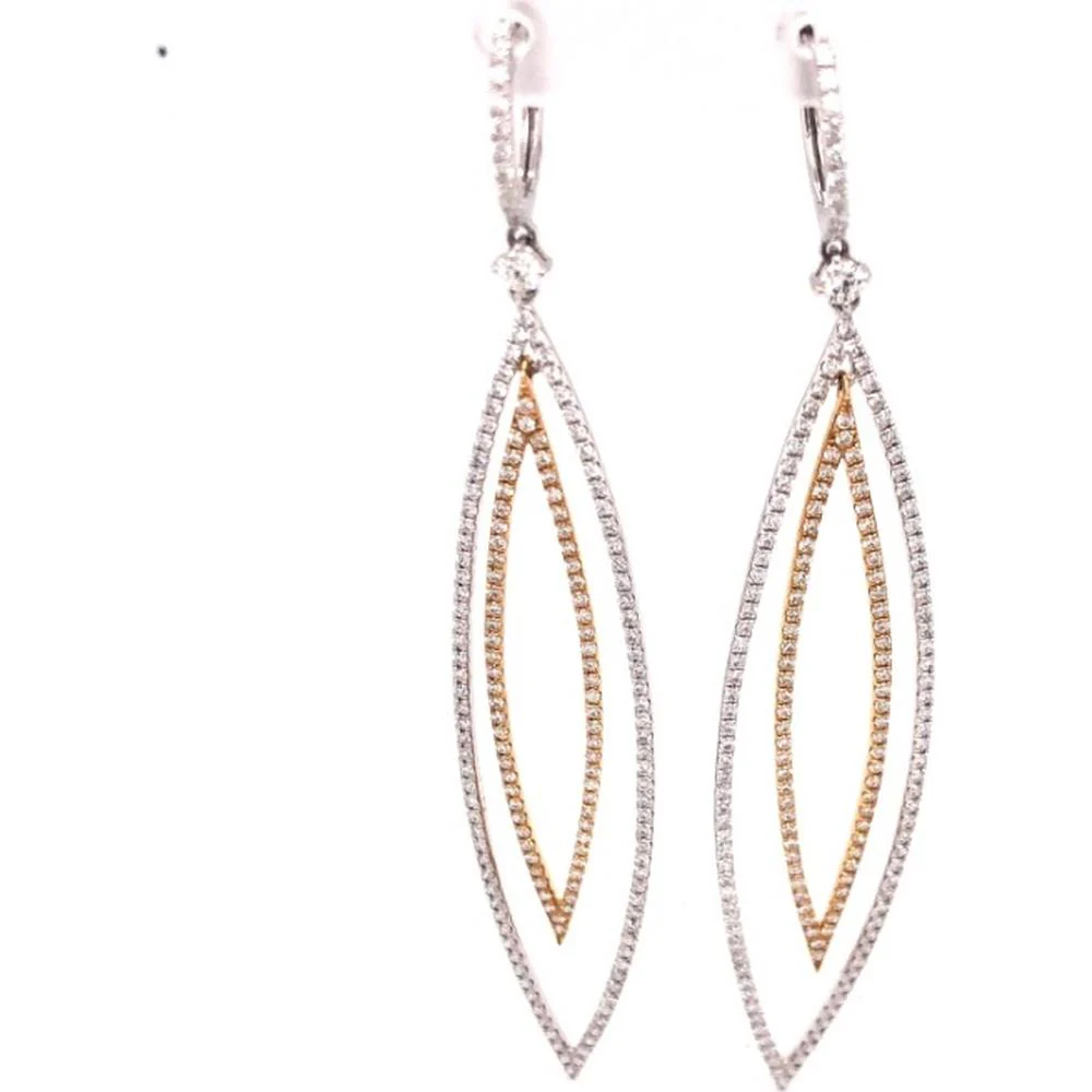 18K White Gold and Rose Gold Open Marquise Diamond Drop Earrings with Diamond Leverback Tops by Afarin