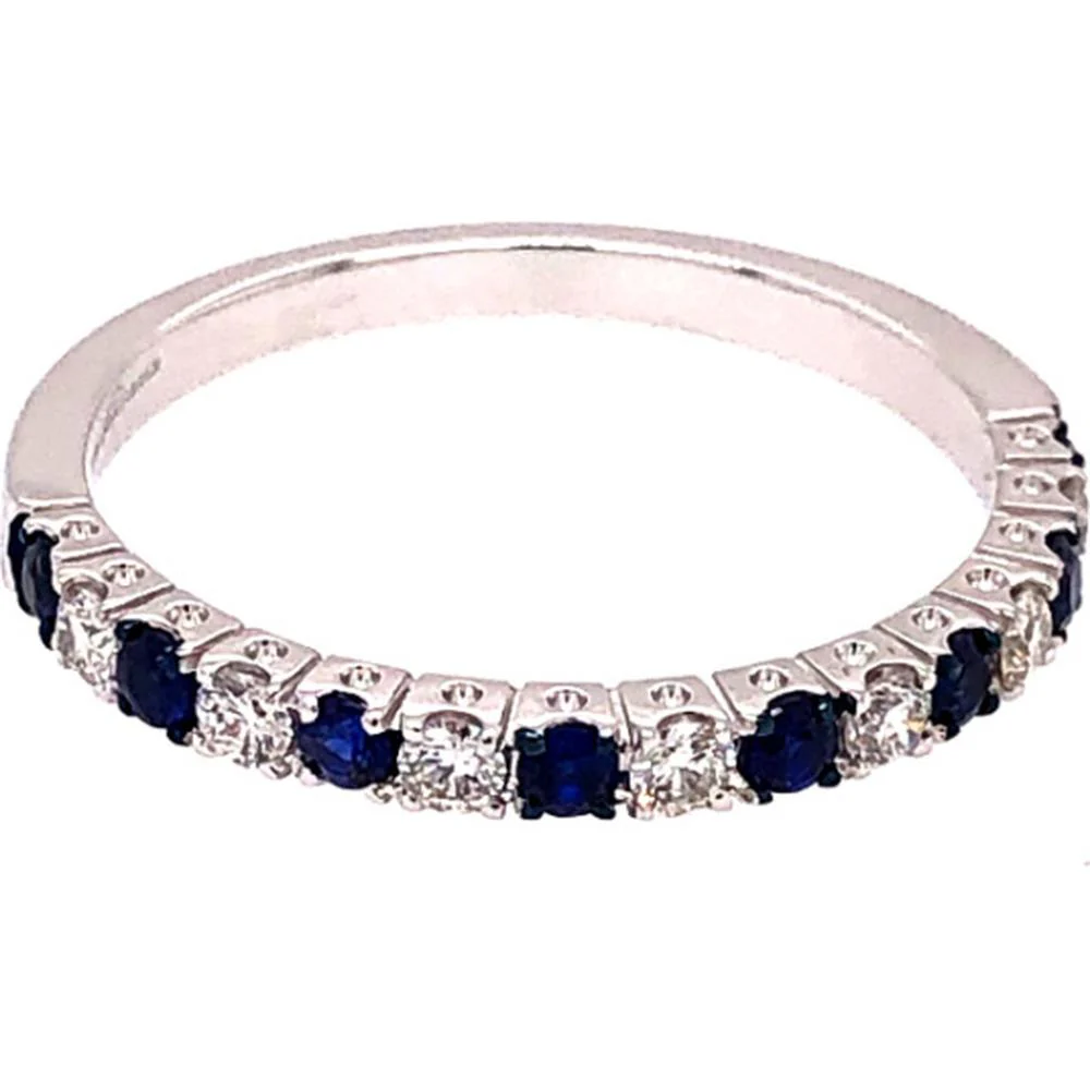 18K White Gold Band Ring with Alternating Round Blue Sapphires and Diamonds by Afarin