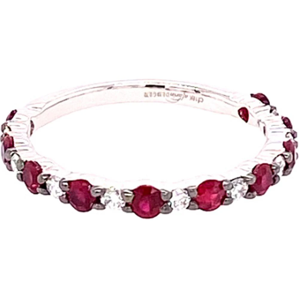 18K White Gold Band Ring with Alternating Round Rubies and Diamonds by Afarin