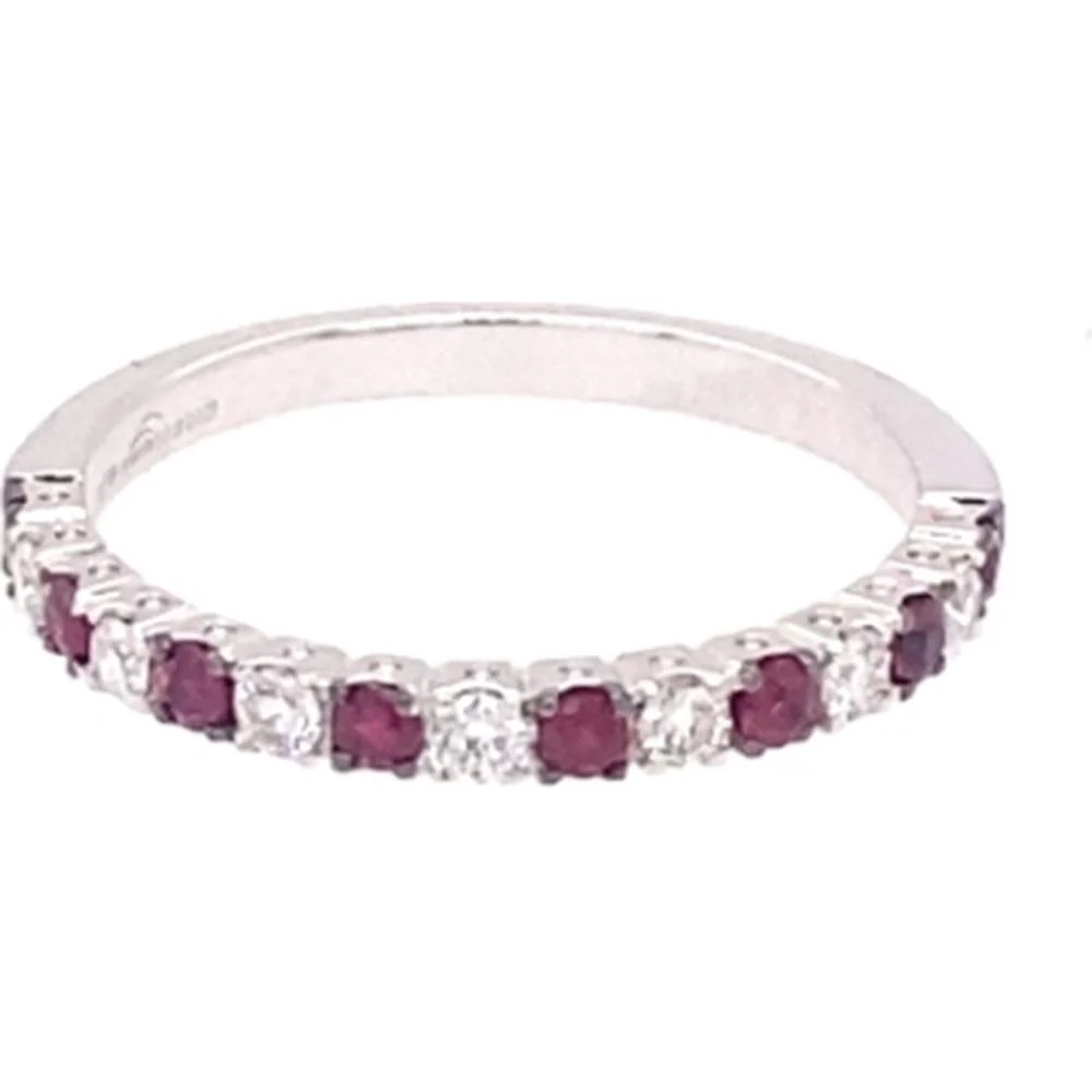 18K White Gold Band Ring with Alternating Round Rubies and Round Diamond Accents by Afarin