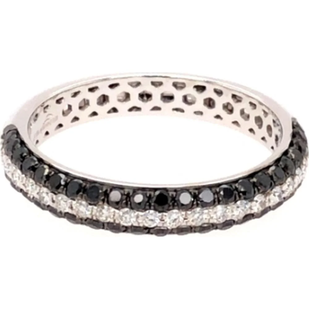 18K White Gold Band Ring with Black and White Round Diamonds by Afarin