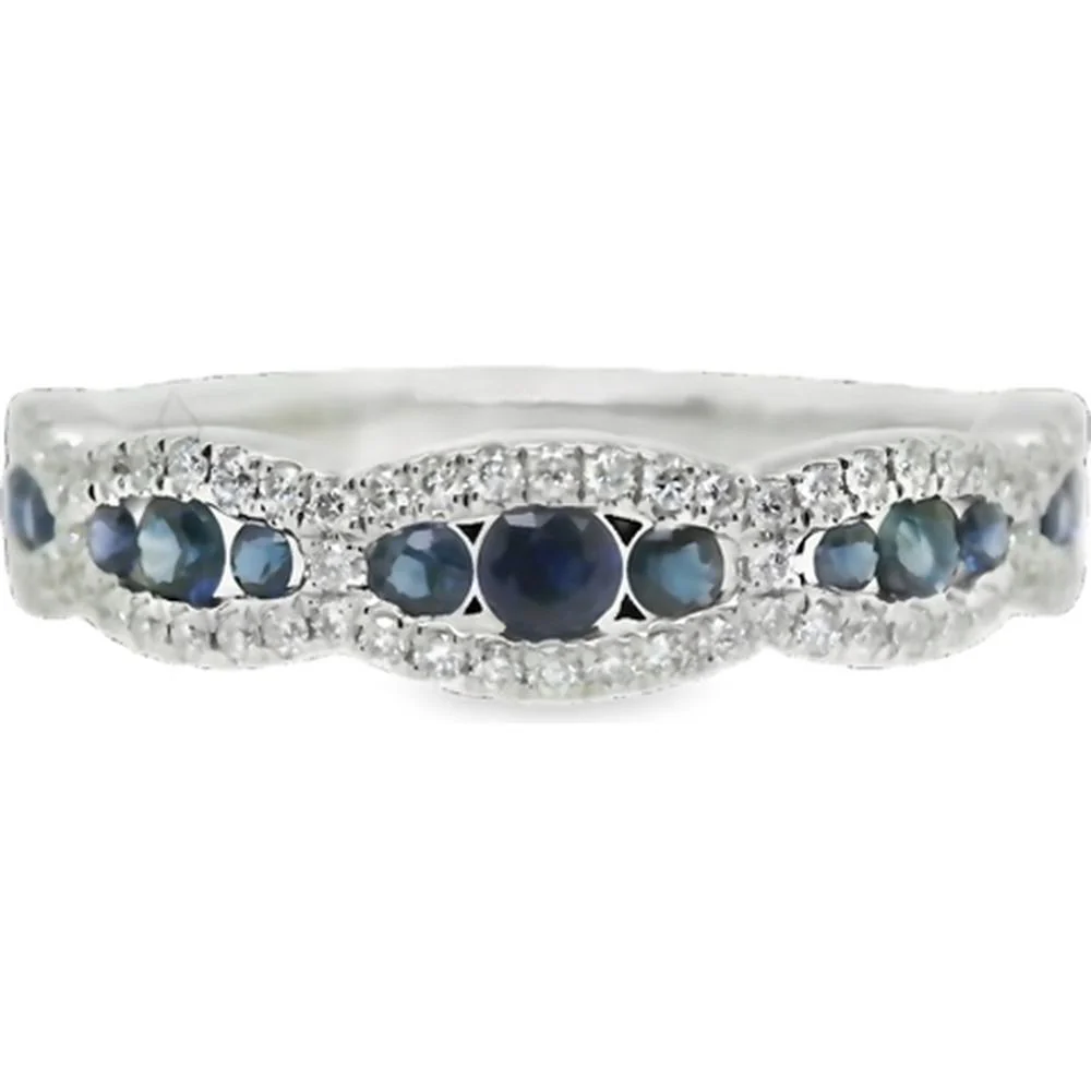 18K White Gold Band Ring with Blue Sapphires and Diamond Halo Accents by Afarin