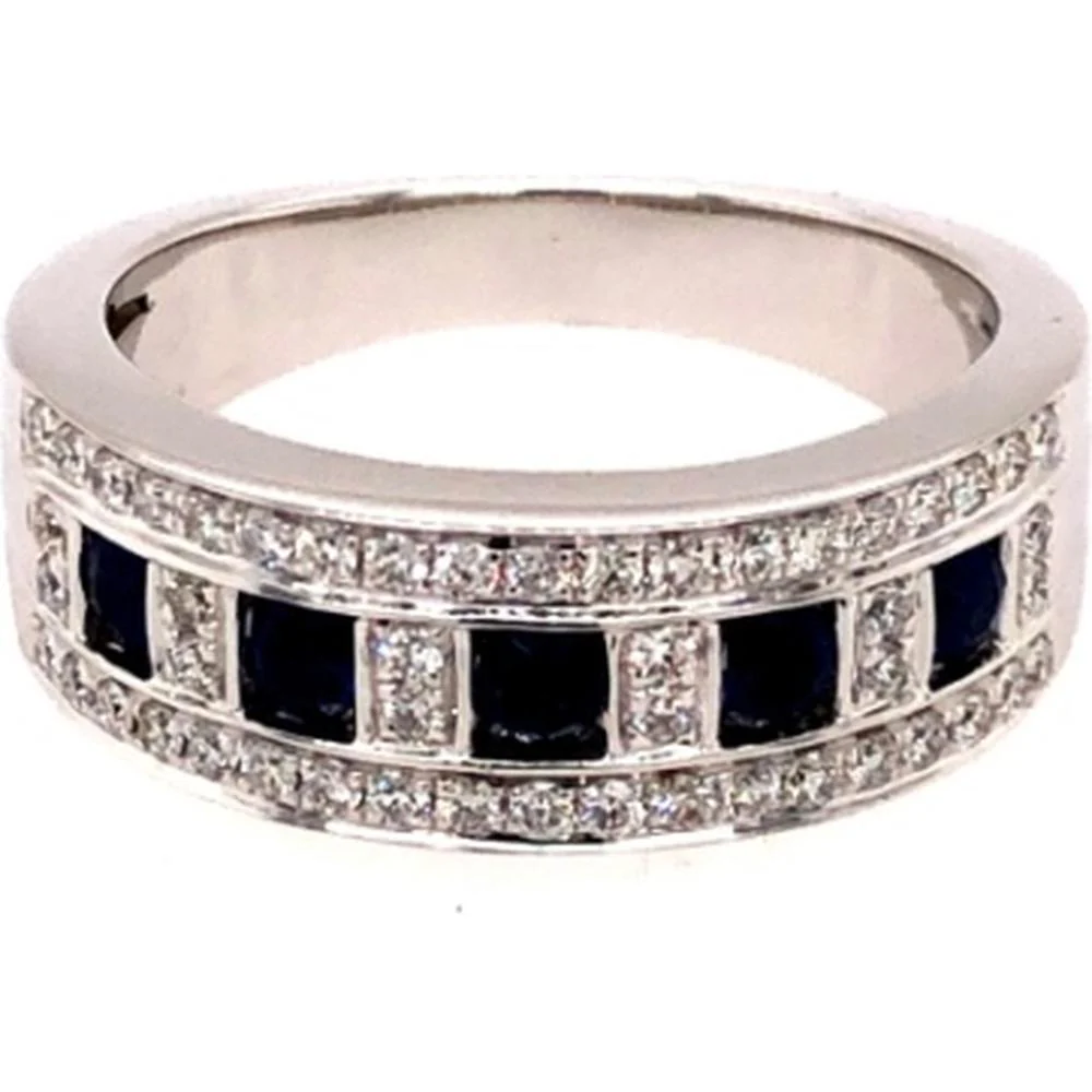 18K White Gold Band Ring with Blue Sapphires and Diamonds by Afarin