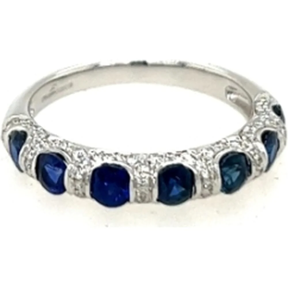18K White Gold Band Ring with Cushion-Cut Blue Sapphires and Diamond Accents by Afarin