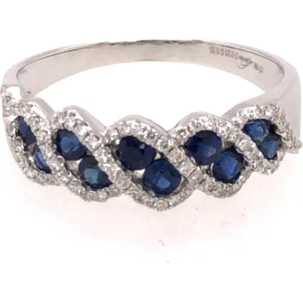 18K White Gold Band Ring with Oval Blue Sapphires and Diamond Halo Detail by Afarin