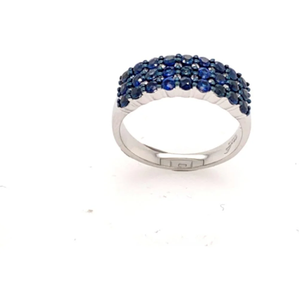 18K White Gold Band Ring with Round Blue Sapphires and Diamond Accents by Afarin