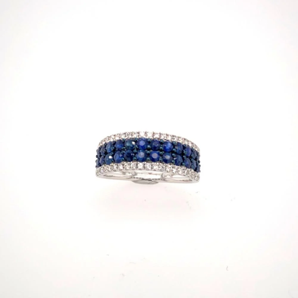 18K White Gold Band Ring with Round Blue Sapphires and Diamond Accents by Afarin