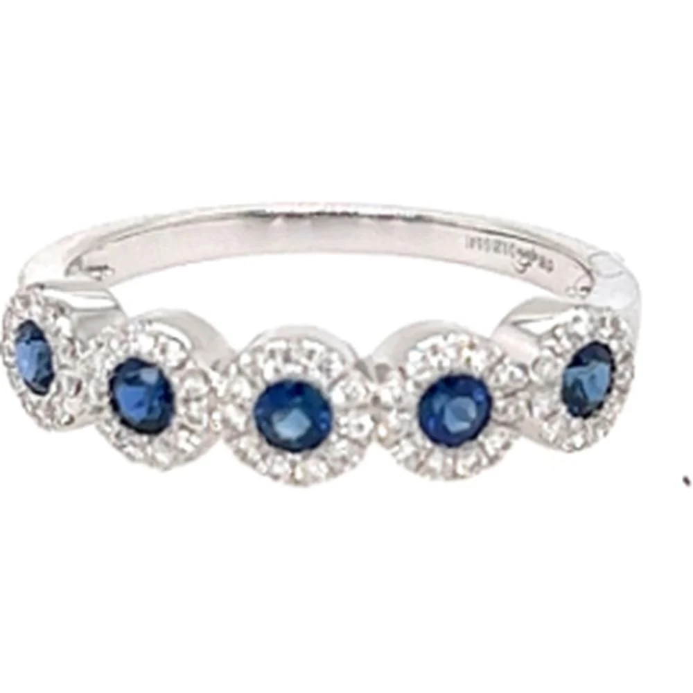 18K White Gold Band Ring with Round Blue Sapphires and Diamond Halo Accents by Afarin