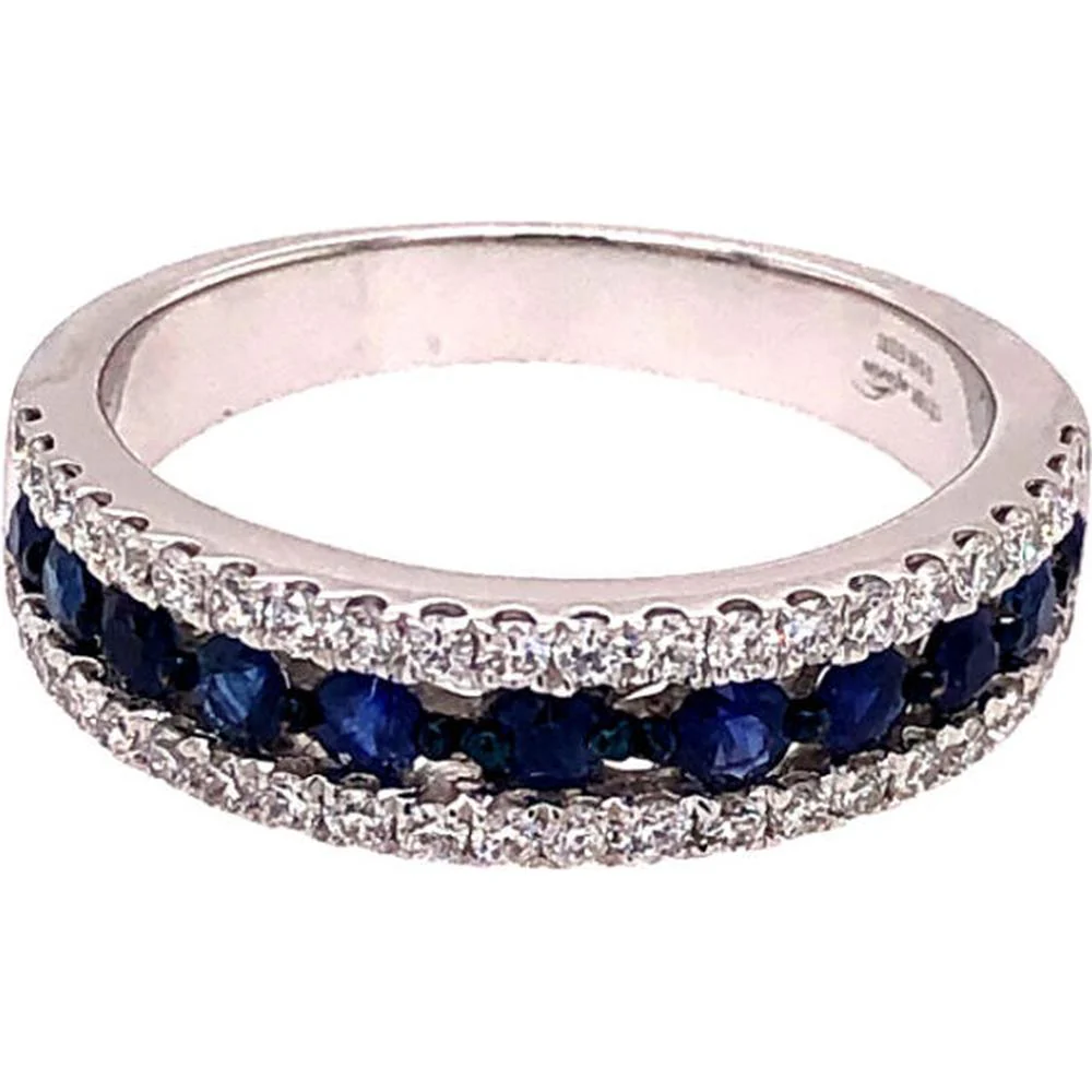 18K White Gold Band Ring with Round Blue Sapphires Framed by Round Diamonds by Afarin