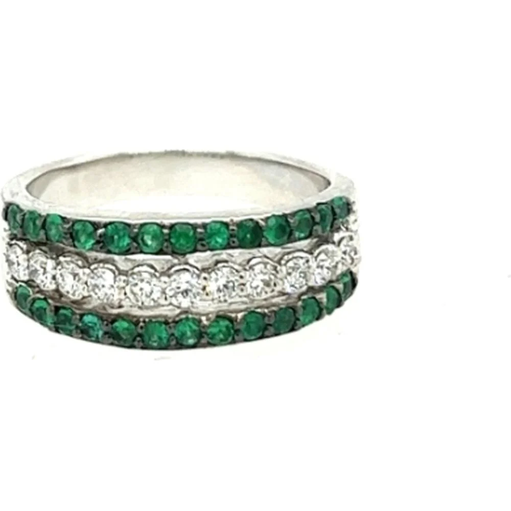 18K White Gold Band Ring with Round Emeralds and Diamonds by Afarin
