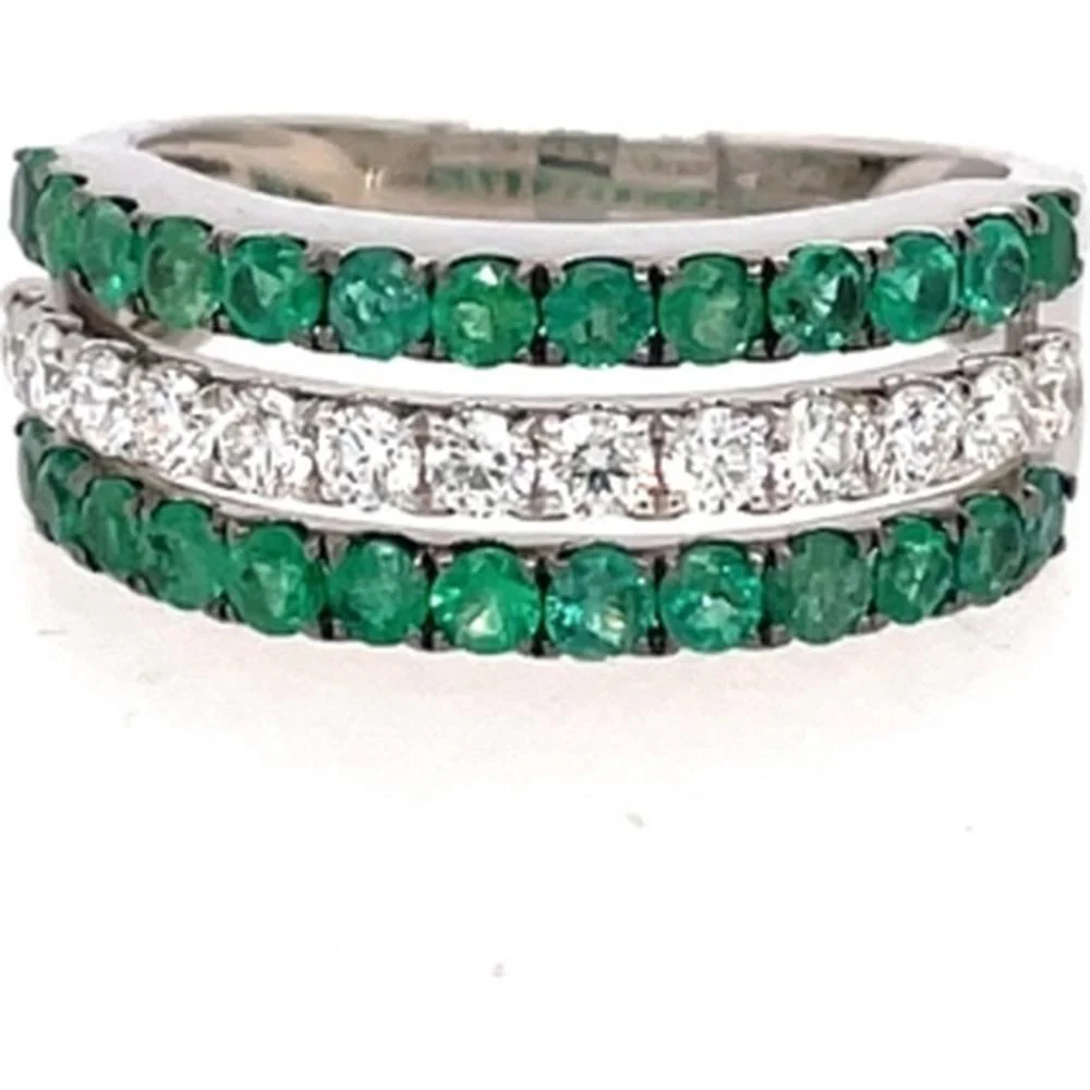 18K White Gold Band Ring with Round Emeralds and Round Diamonds by Afarin
