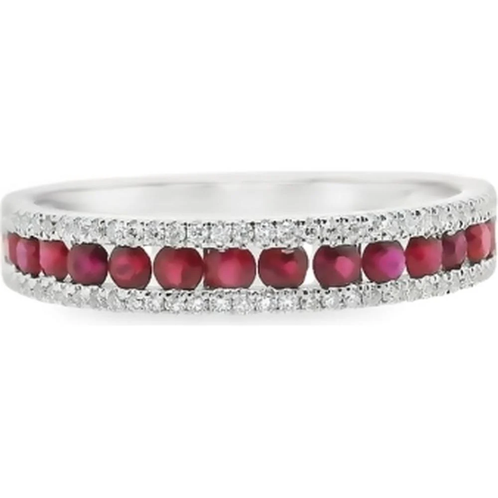 18K White Gold Band Ring with Round Rubies and Diamond Accents by Afarin
