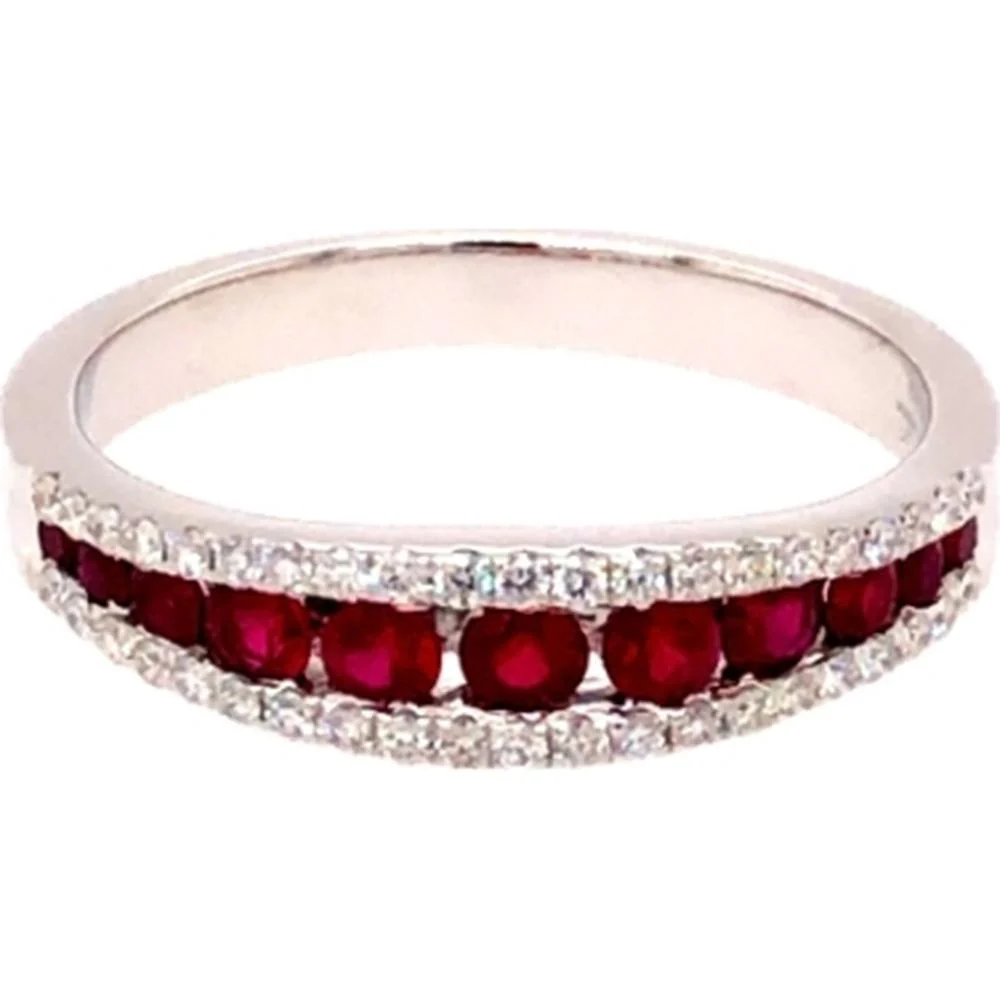 18K White Gold Band Ring with Round Rubies and Diamond Accents by Afarin