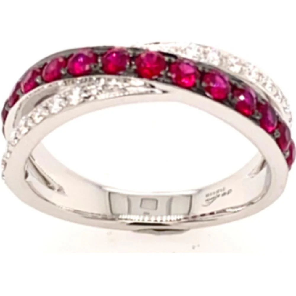 18K White Gold Band Ring with Round Rubies and Diamond Accents by Afarin