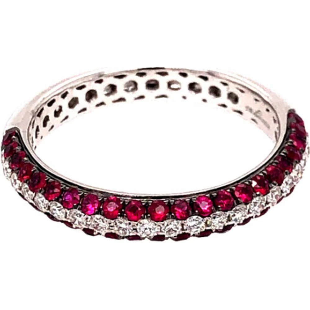 18K White Gold Band Ring with Round Rubies and Diamond Accents by Afarin