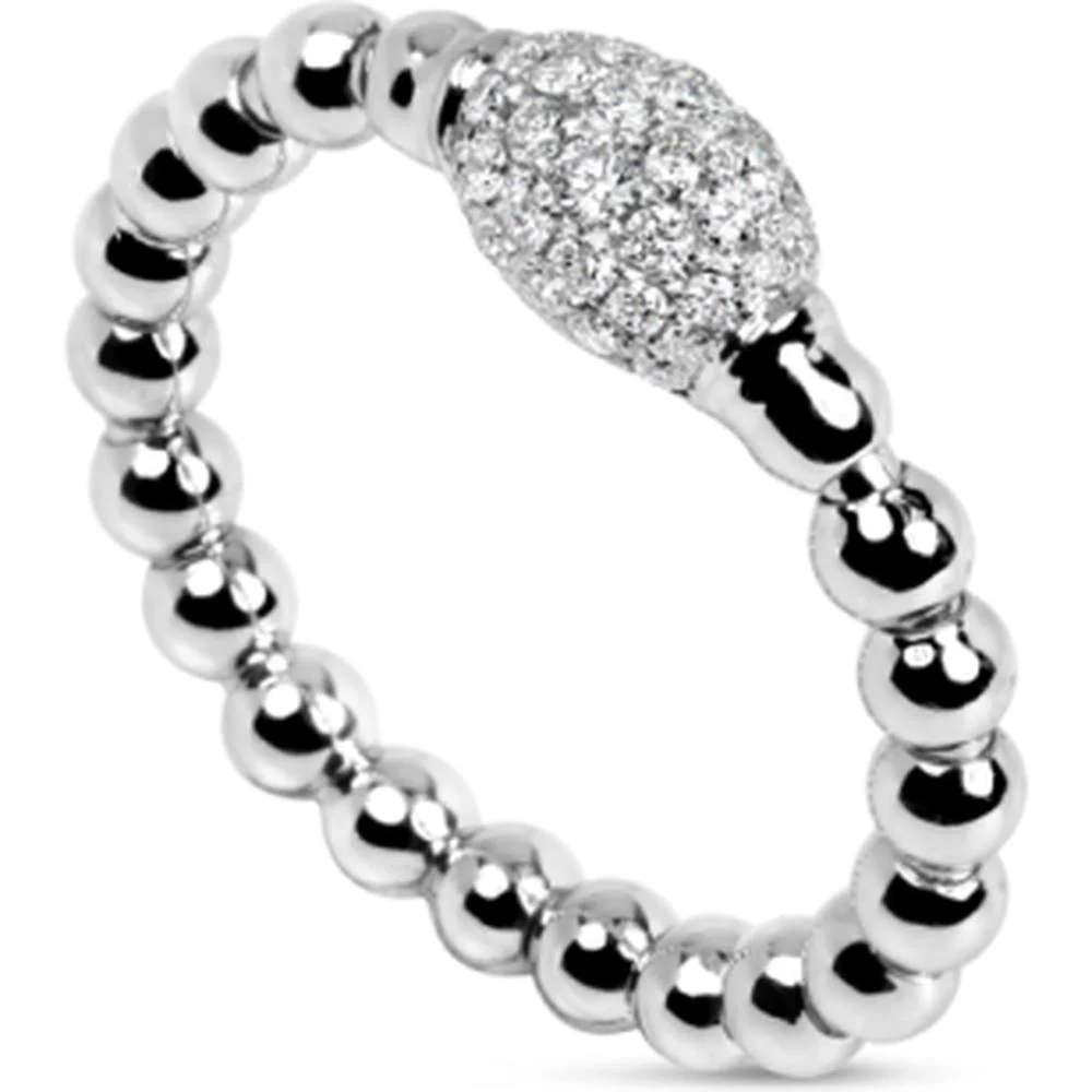 18K White Gold Beaded Ring with Oval Pavé Diamond Top by Afarin