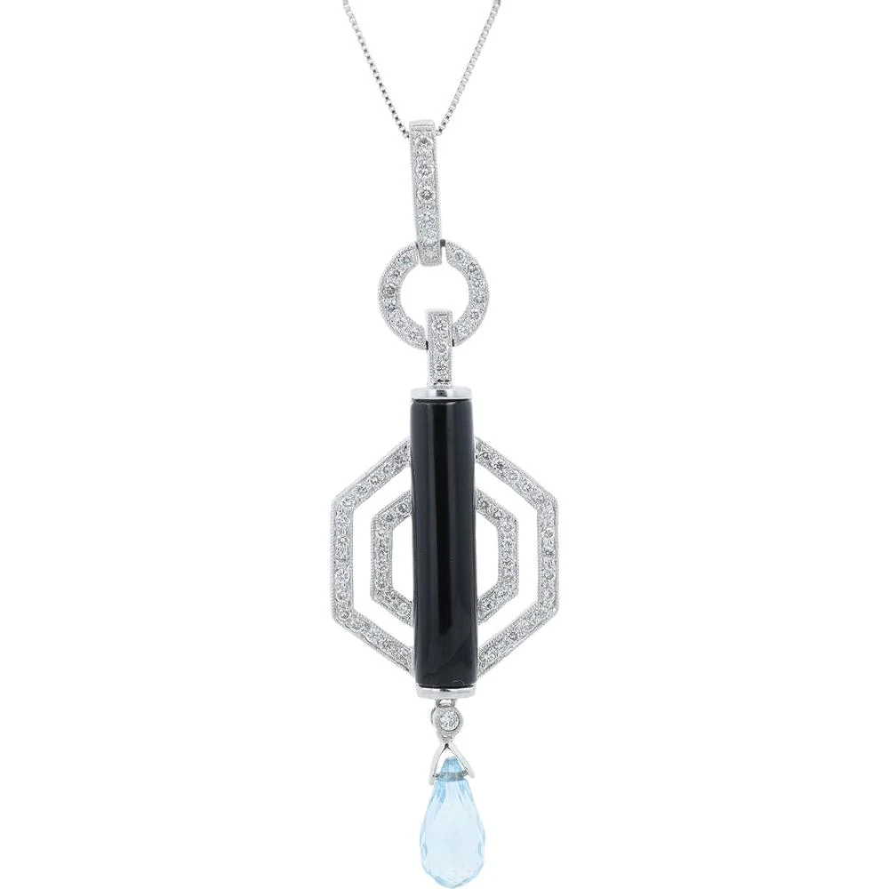 18K White Gold Black Onyx & Blue Topaz Pendant with 0.60 Carat Total Diamond Accents
