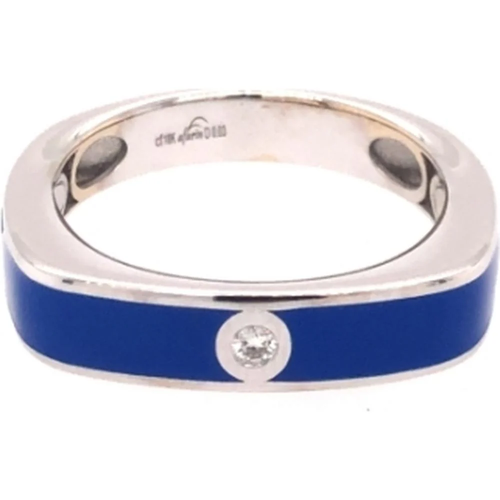 18K White Gold Blue Enamel Band Ring with Bezel-Set Round Diamond by Afarin
