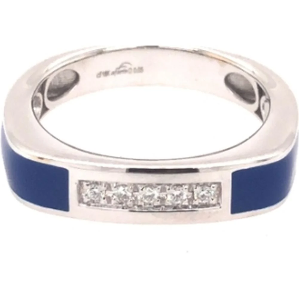 18K White Gold Blue Enamel Band Ring with Diamond Center Accent by Afarin