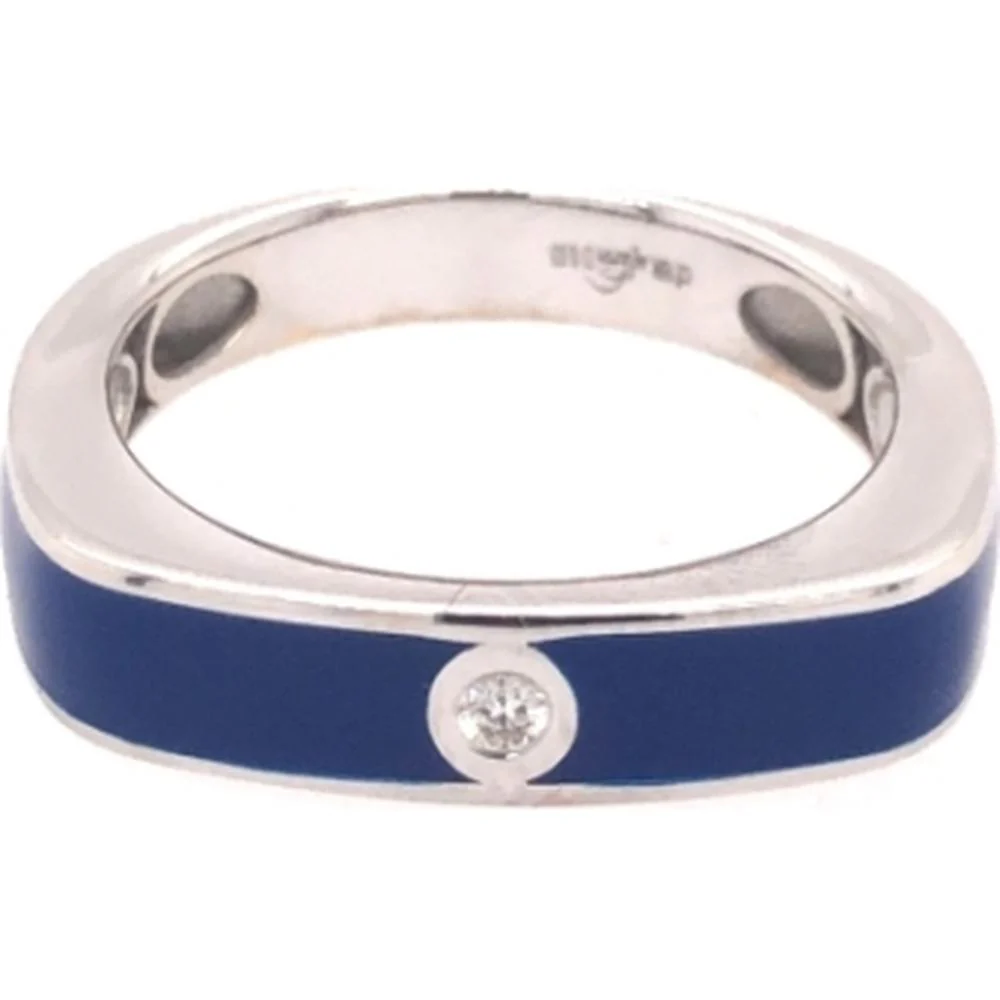 18K White Gold Blue Enamel Band Ring with Round Diamond Accent by Afarin