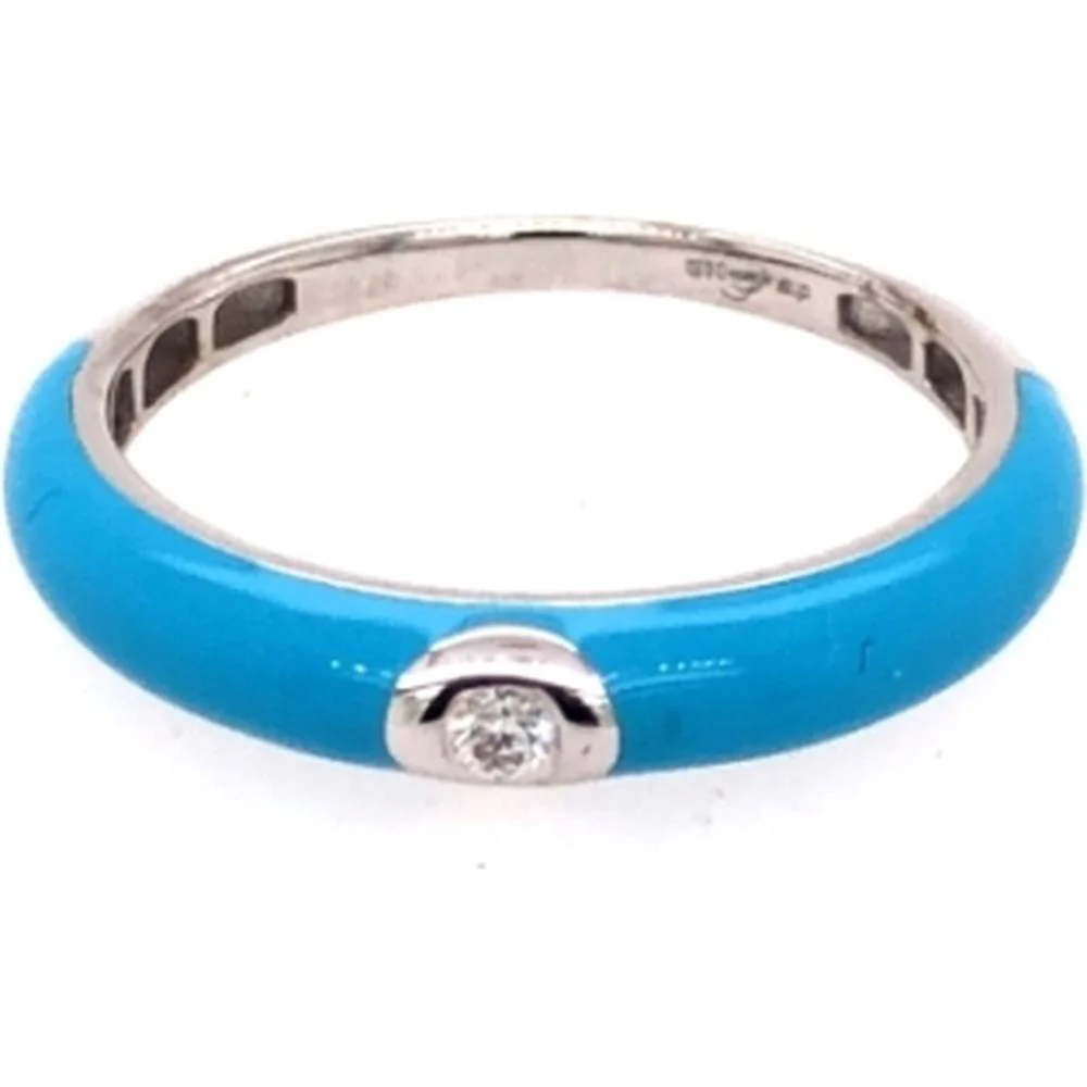 18K White Gold Blue Enamel Band Ring with Round Diamond Accent by Afarin