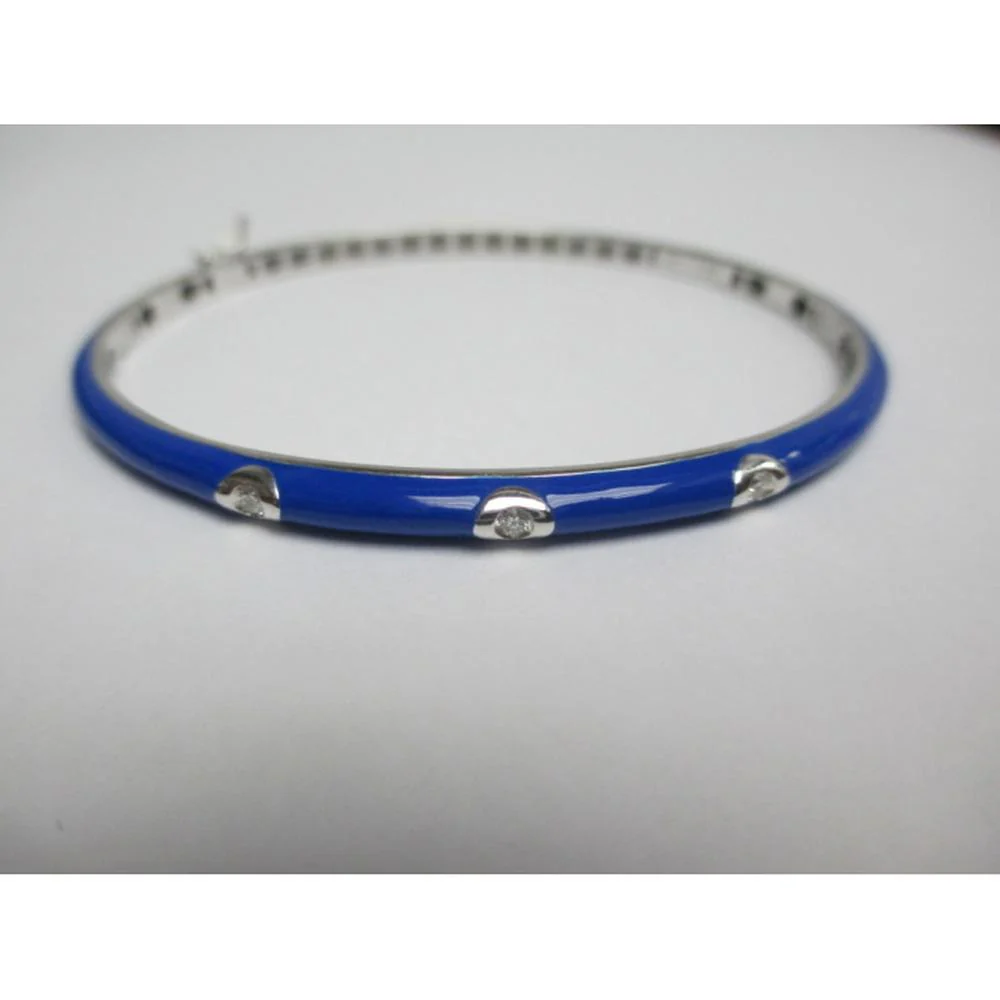 18K White Gold Blue Enamel Bangle with Round Diamonds by Afarin