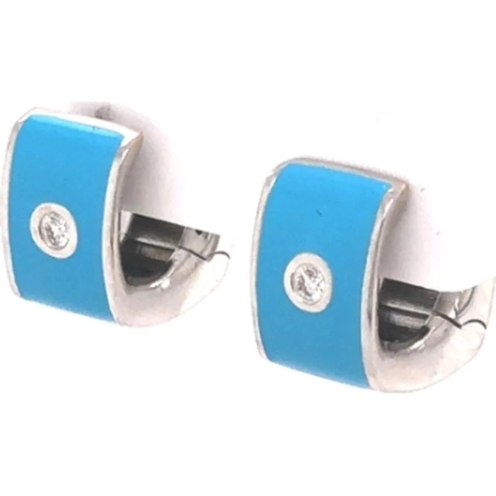 18K White Gold Blue Enamel Huggie Earrings with Diamond Accents by Afarin