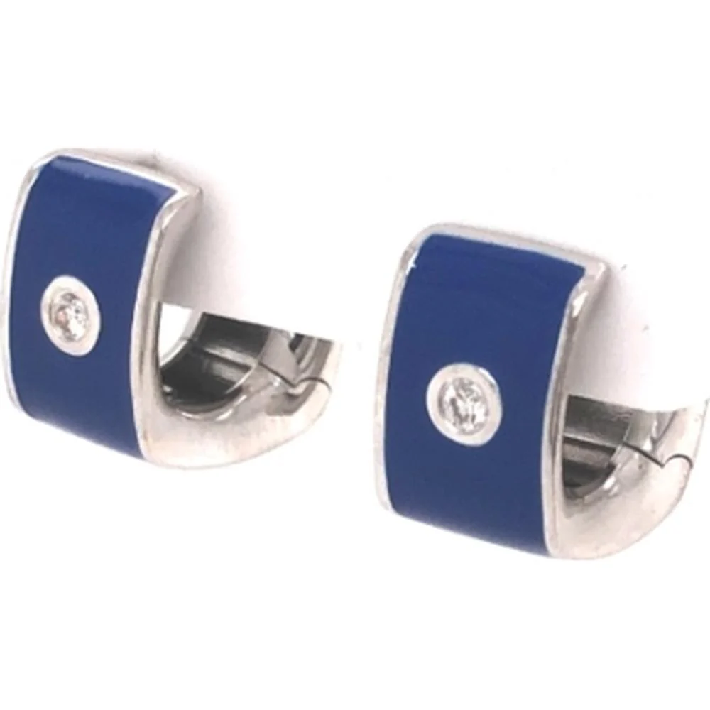 18K White Gold Blue Enamel Huggie Earrings with Round Diamonds by Afarin