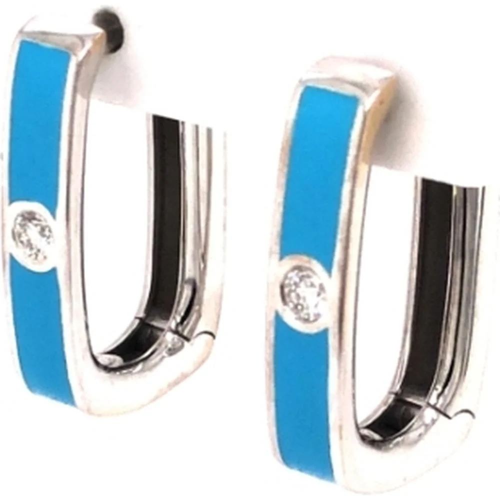 18K White Gold Blue Enamel Huggie Earrings with Round Diamonds by Afarin