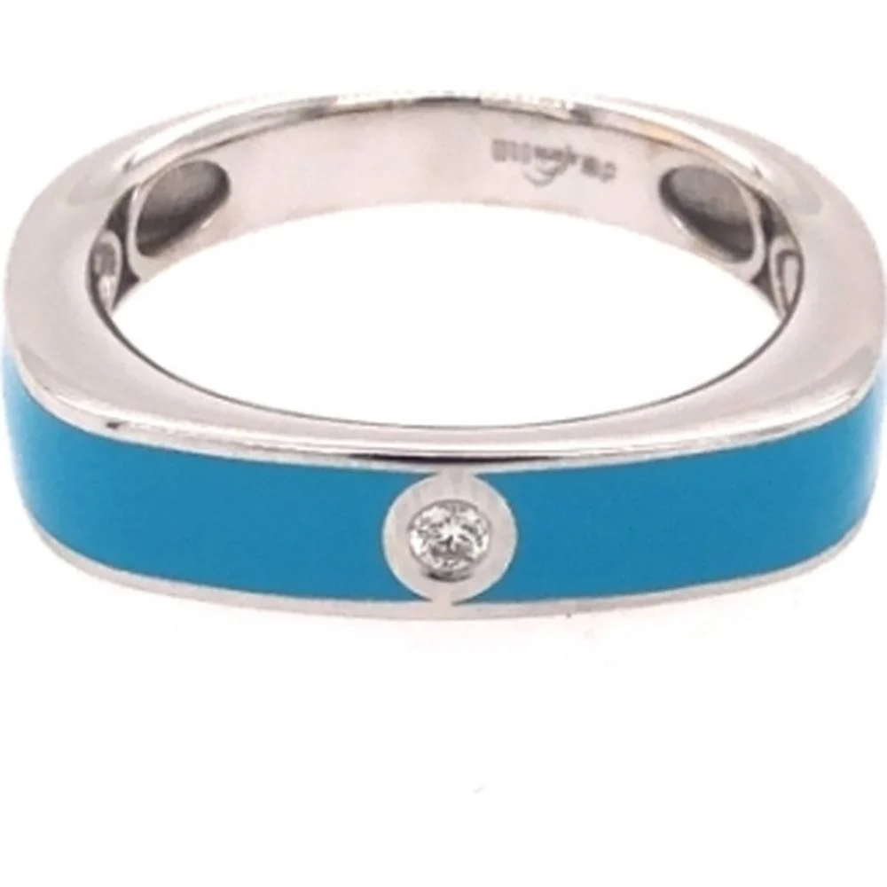 18K White Gold Blue Enamel Ring with Bezel-Set Round Diamond Accent by Afarin